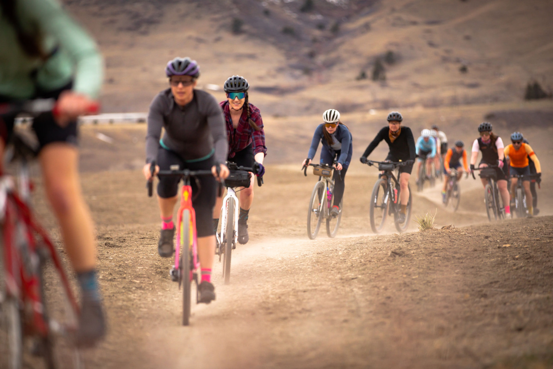 TGIF riders together on a dusty trail
