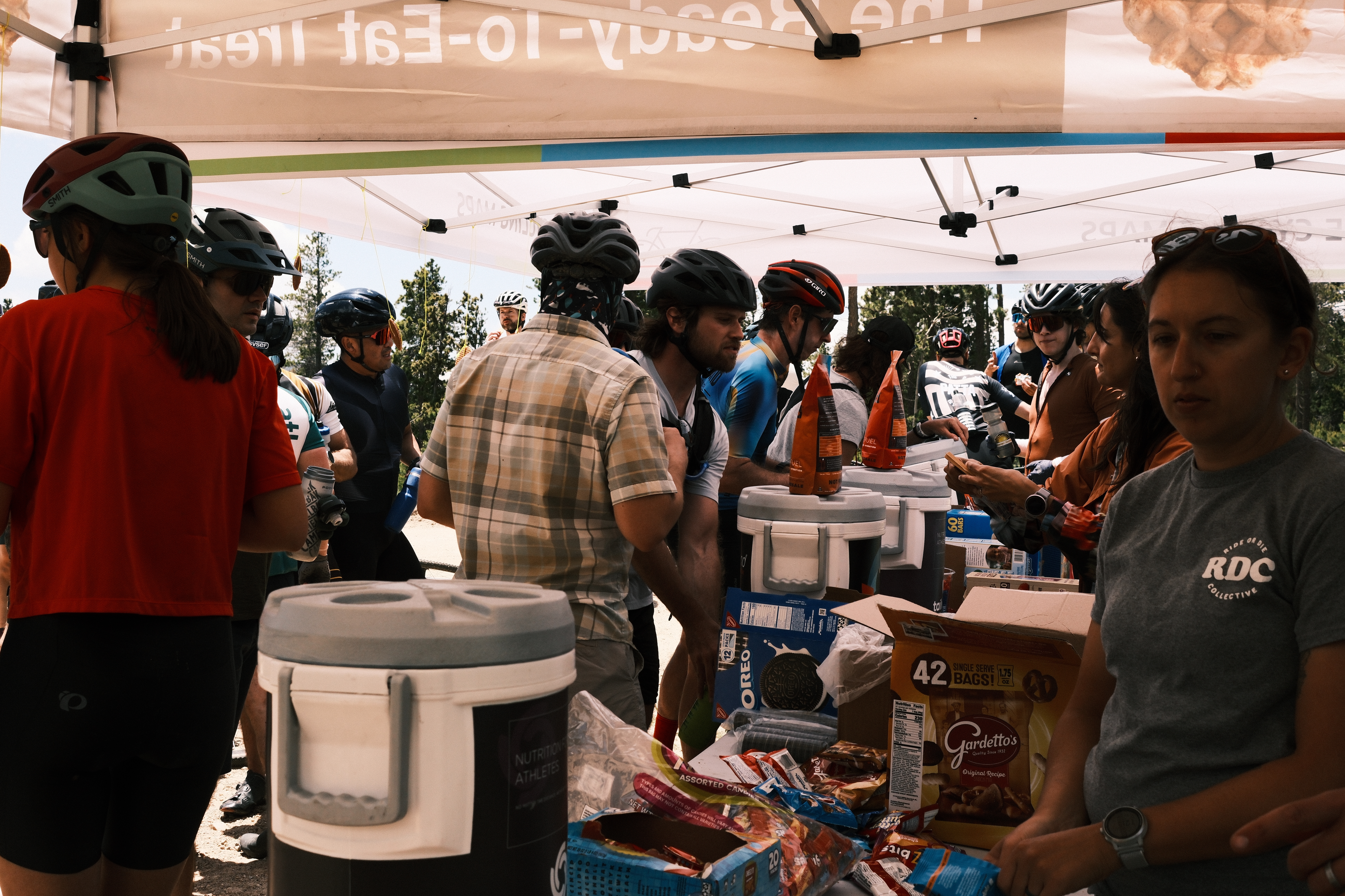 Riders and volunteers at a Far Out aid station